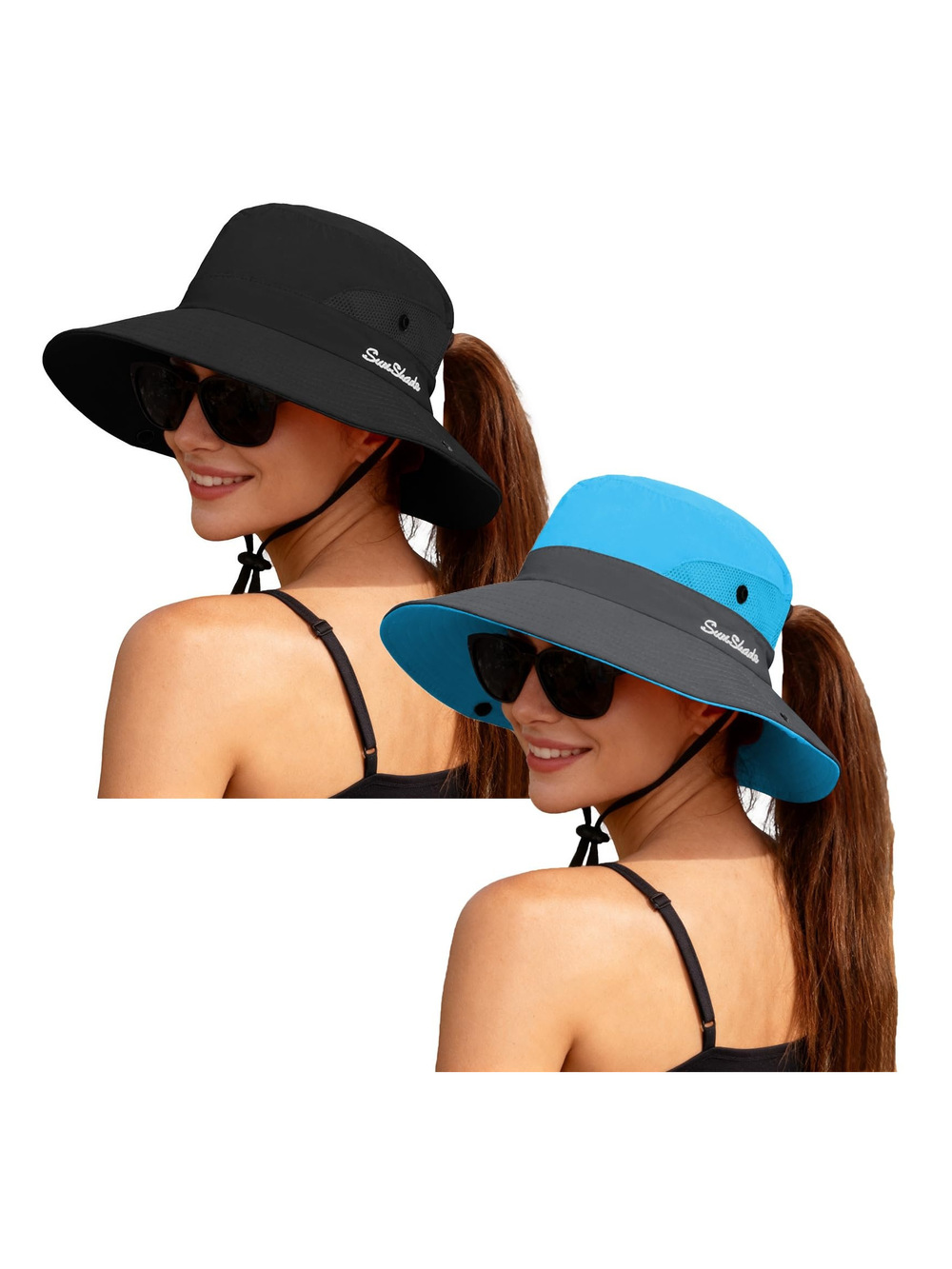 Women's Ponytail Safari Sun Hat,Wide Brim UV | Black, Blue | Size 6 3/4-6 7/8